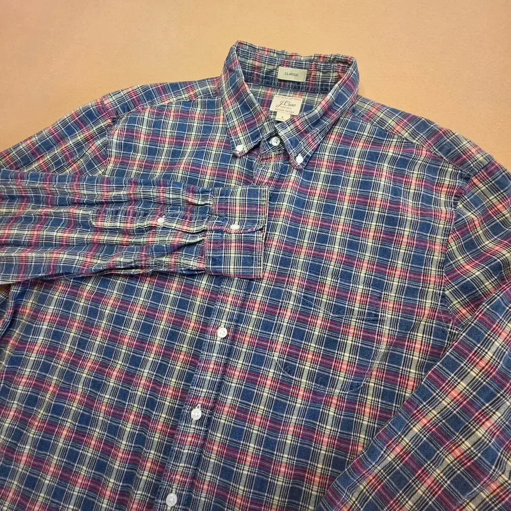 J.Crew Organic Cotton Indigo Chambray Plaid Button-Down Shirt Blue Red Sz Large